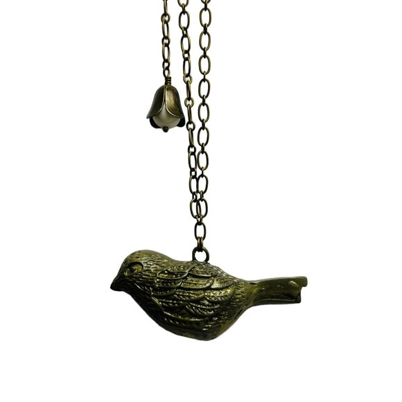Halcyon Trends Handmade Jewelry - Bird Whistle Pendant Necklace Bell Flower Antique Brass Tone Nature Lover Boho